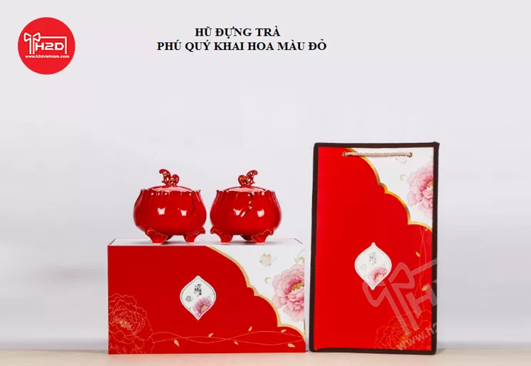 Hũ đứng trà phú quý khai hoa màu đỏ